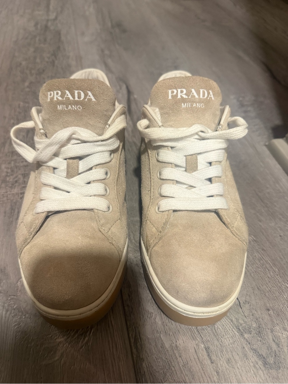 Prada Suede Downtown Sneakers in Beige and White